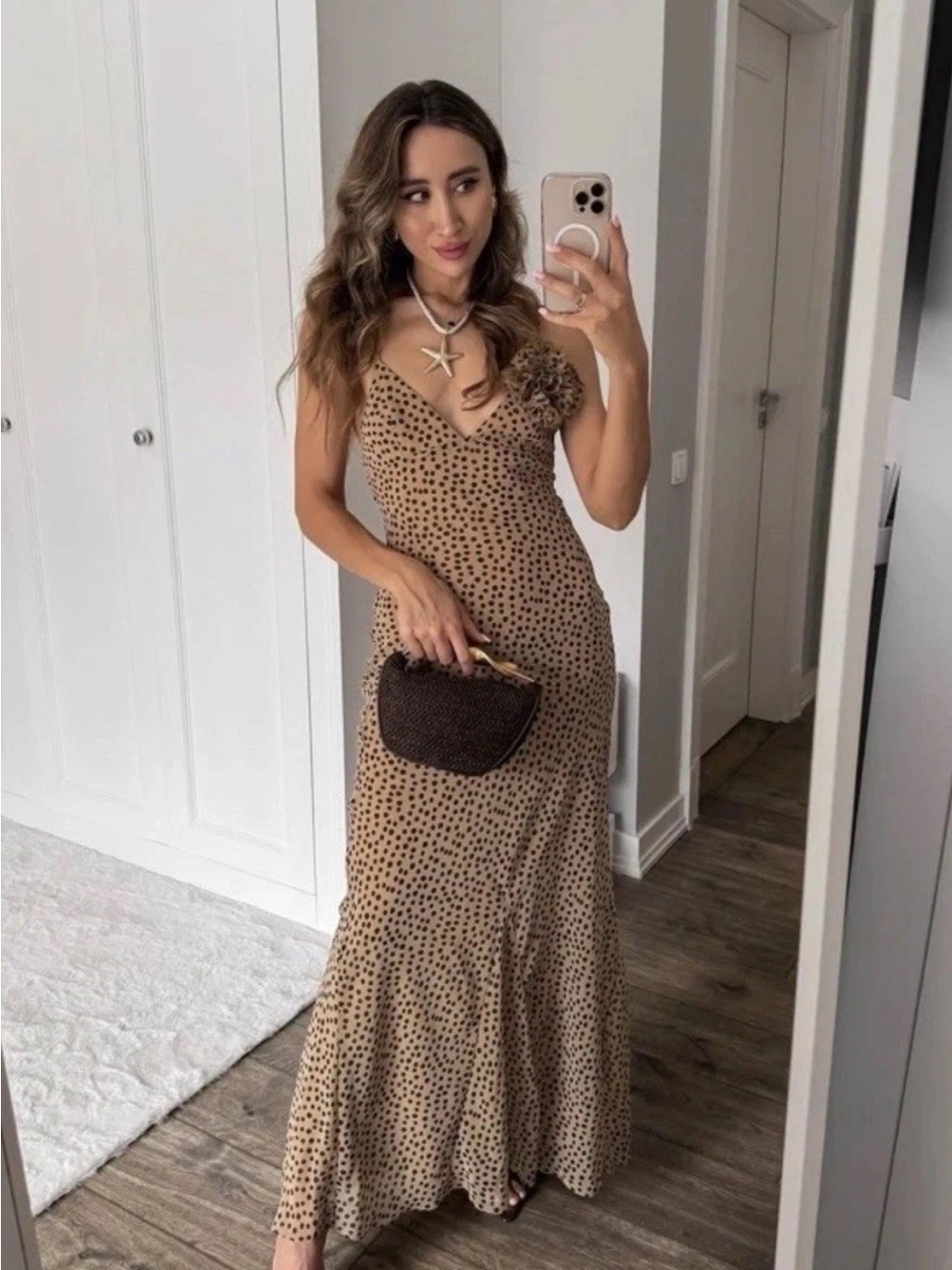 Zara Beige Polka Dot Maxi Dress with Floral Shoulder Detail - Picture 7 of 7